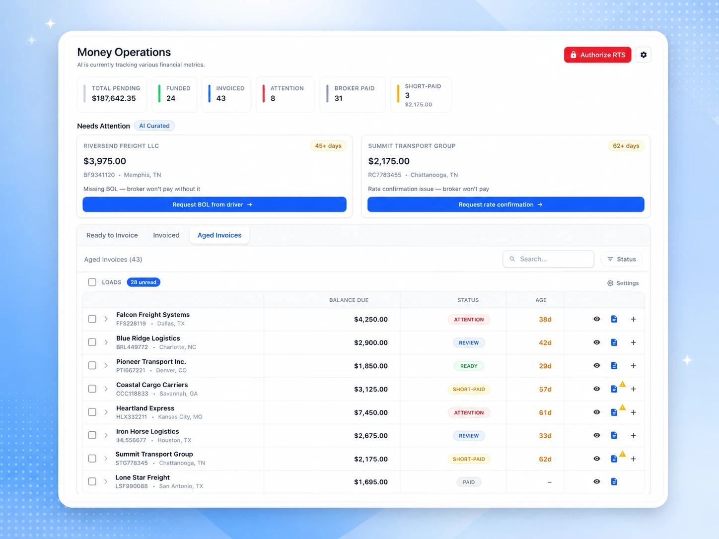 Numeo One accounting & payments — invoicing, driver pay, and factoring in one view